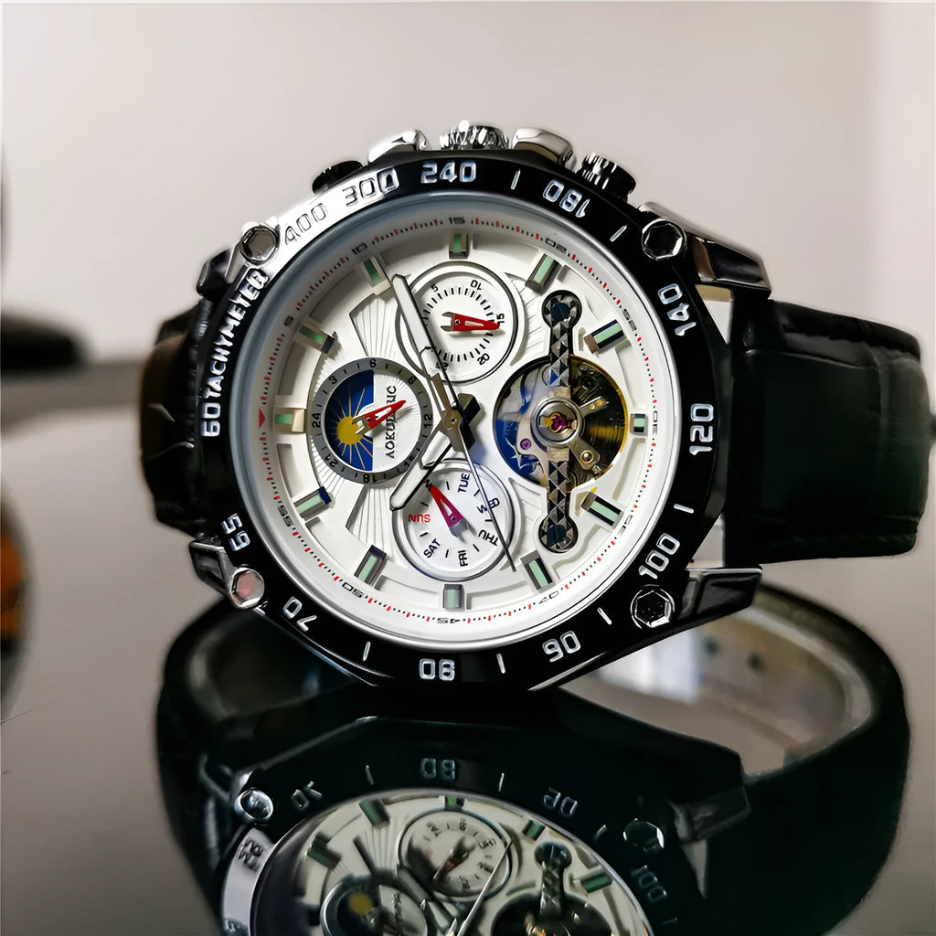 Men's automatic mechanical watch with silver case and white dial showing 12mm thickness
