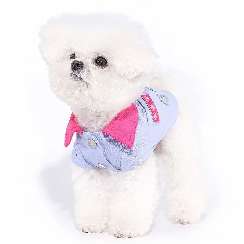 Blue polyester summer dog vest with traction rope ring for small dogs