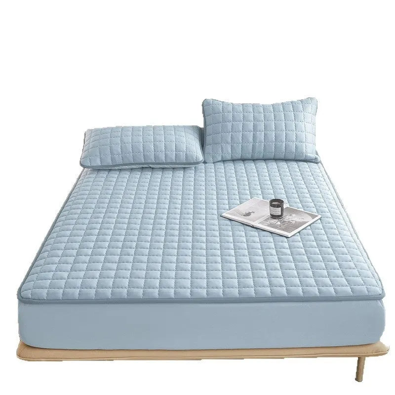 Class A waterproof fitted sheet in blue, shown stretched over a mattress corner.