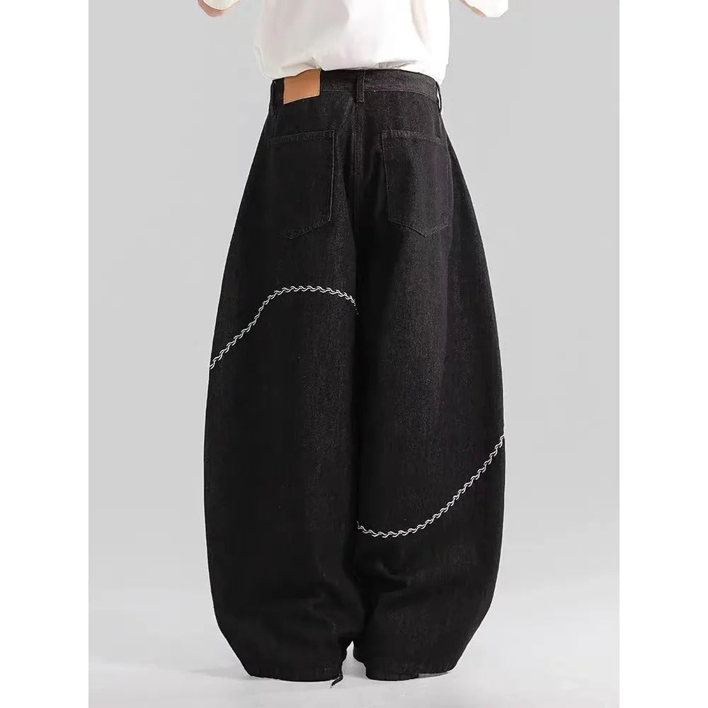 Black straight-leg polyester denim trousers with micro-elastic waist and zip fly placket