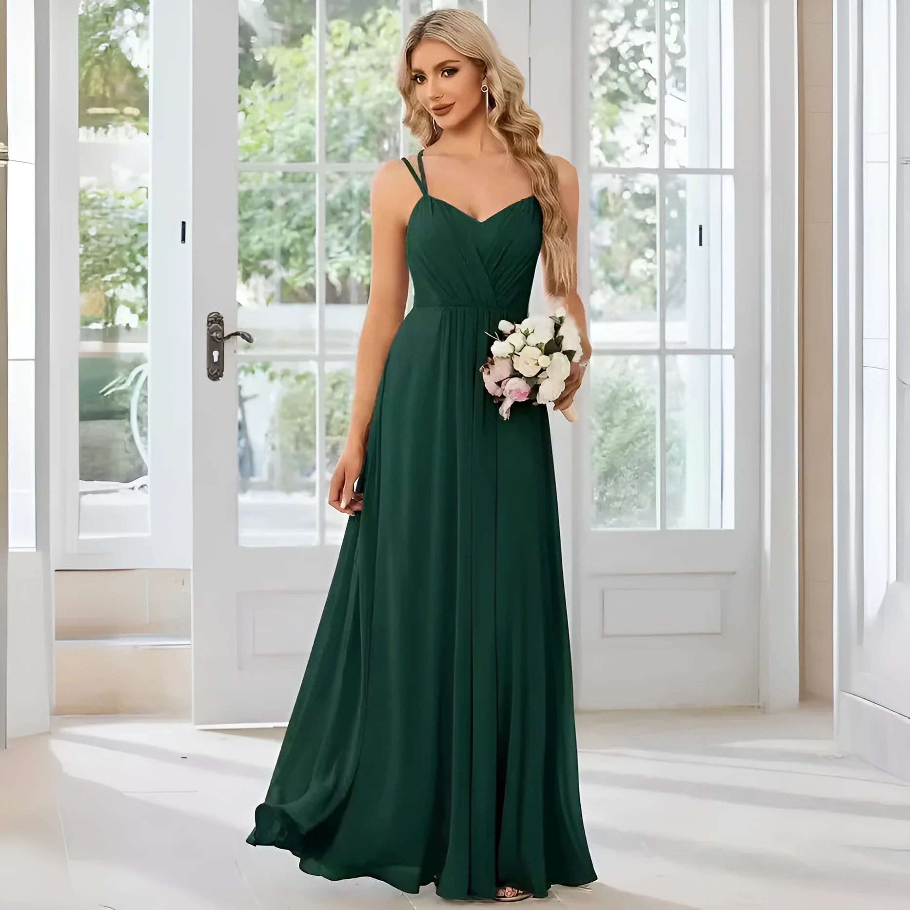 Women's sleeveless long banquet dress with pleated A-line skirt in light green, wine red, navy blue, or purple.