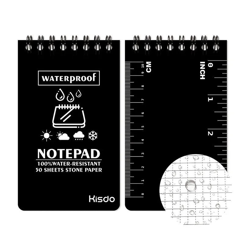 A6 spiral-bound waterproof notepad with stone paper pages in camouflage cover colour.