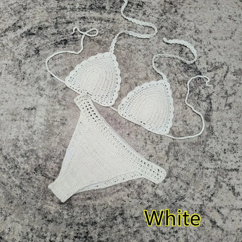 Women's 3-piece handmade crochet bikini beach skirt swimsuit set in solid colours