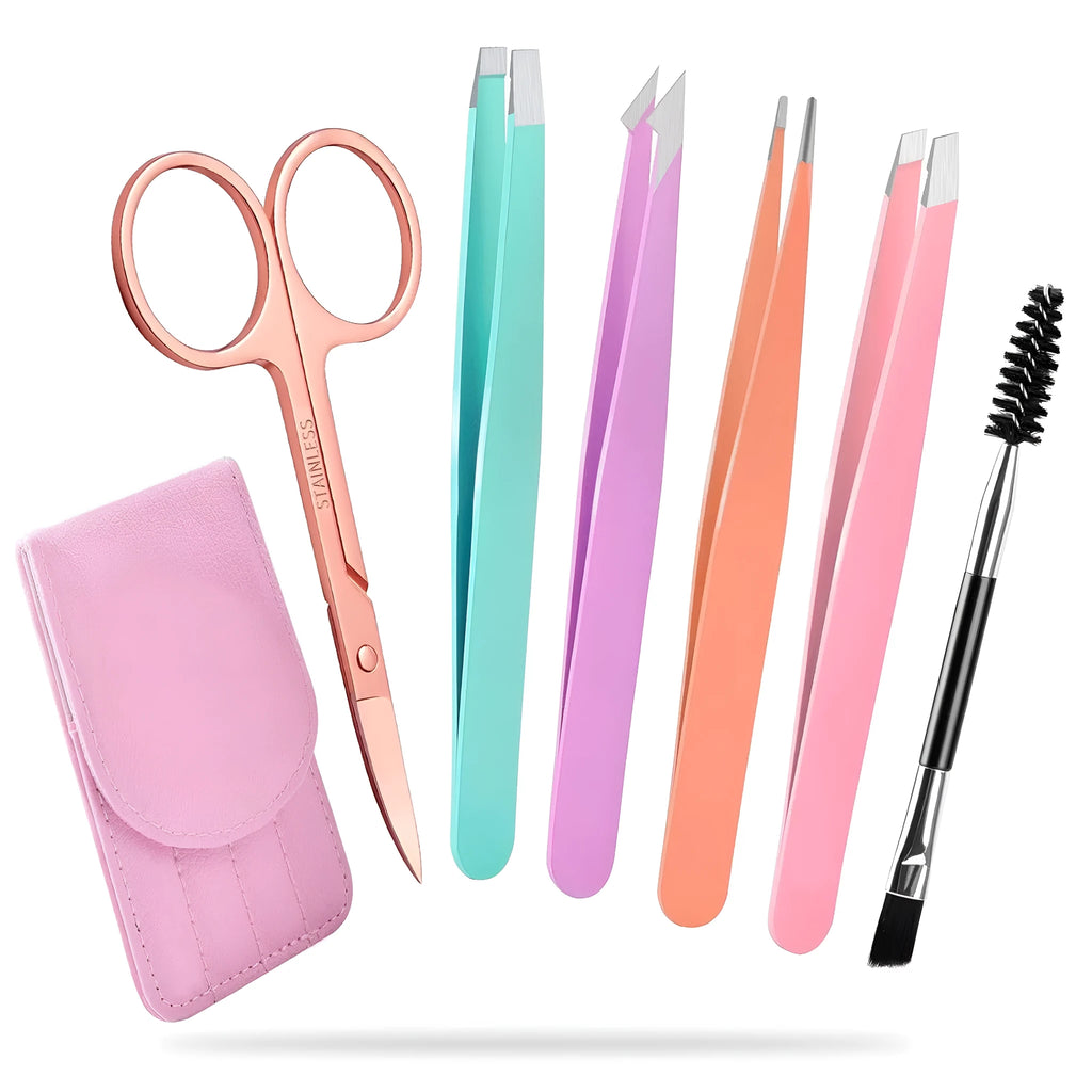 6-piece professional eyebrow tweezer set with stainless steel tools and leather case