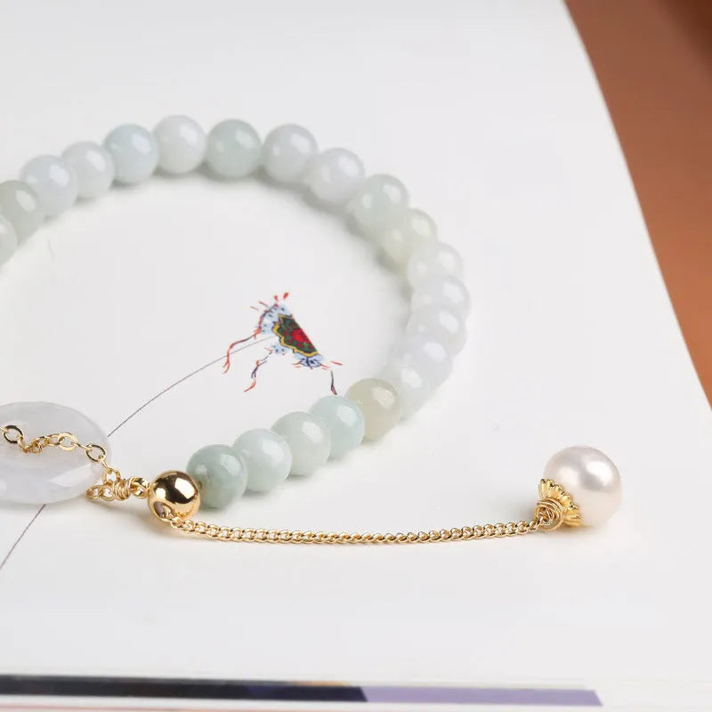 Women's natural emerald jade pearl bracelet with geometric design and traditional Chinese styling