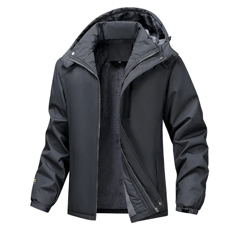 Plus size men's black waterproof hooded winter coat on a hanger.