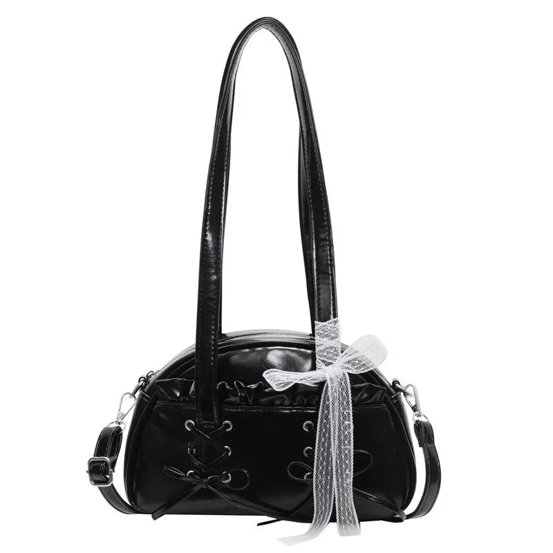 Ladies bandage bow shoulder handbag in PU leather with mobile phone pocket interior