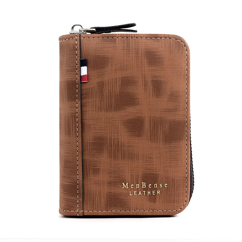 Men's retro short wallet clutch in soft polyurethane leather with letter motif, square vertical shape, available in black and brown colours.