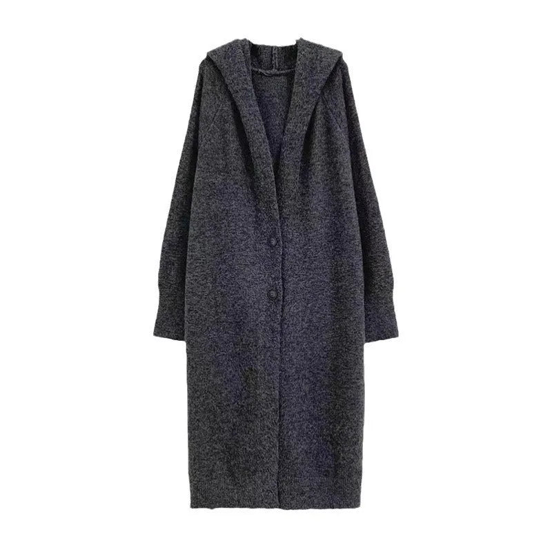 Long brown hooded knitted cardigan for women in a loose, below-the-knee fit.