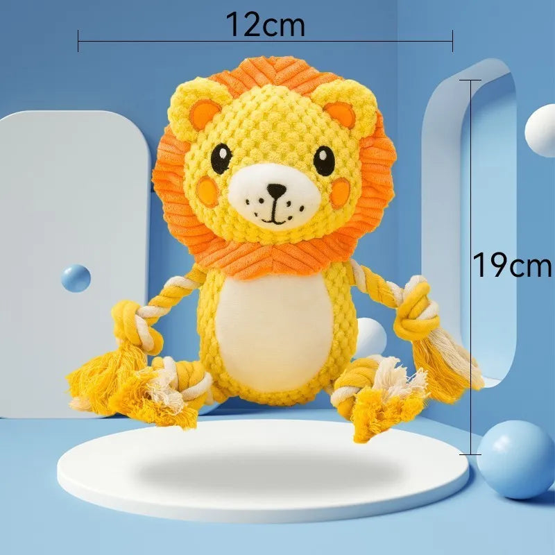Lion and monkey plush squeaky dog toys for medium large breeds showing size comparison