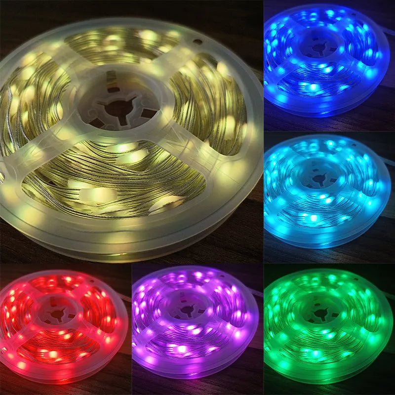 Colourful LED light string with 100 bulbs on a 10-metre wire, showing battery pack and multiple mode settings.