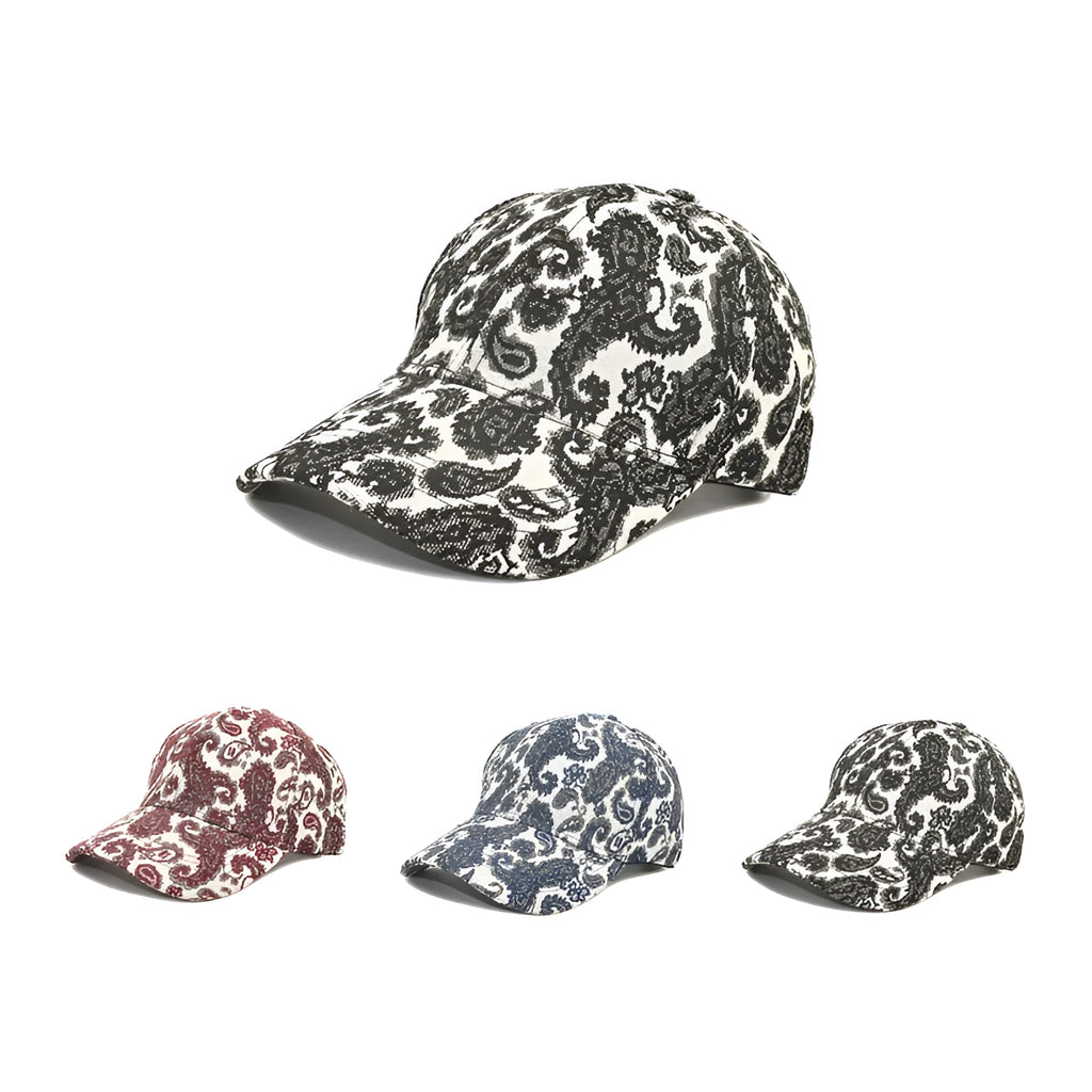 Unisex paisley pattern baseball cap with dome crown in black, blue or wine red, polyester fabric, size M 56-58cm