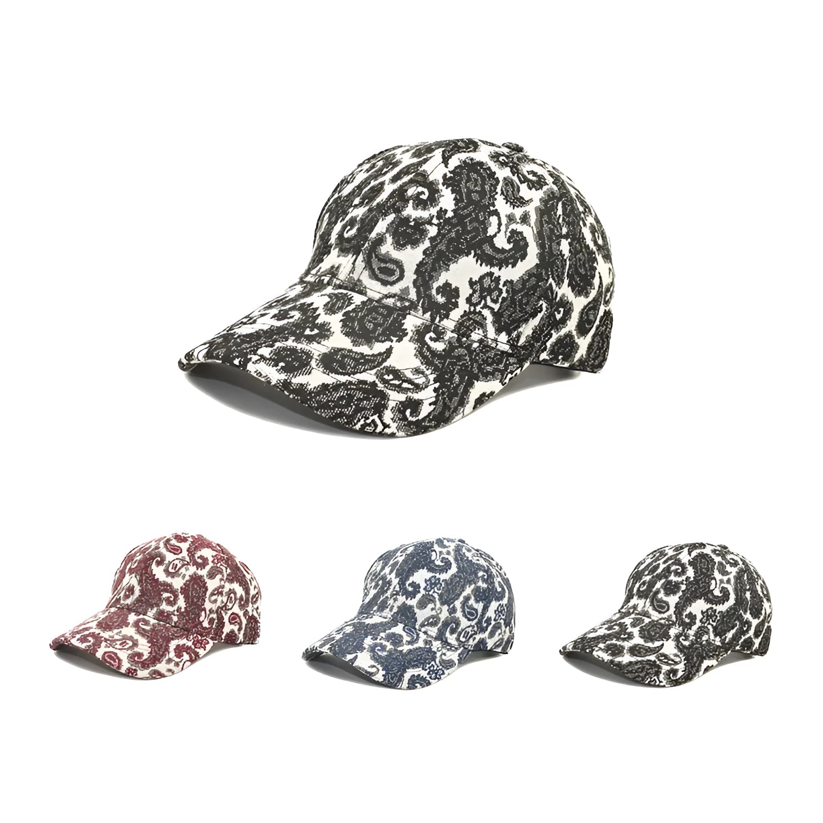 Unisex paisley pattern baseball cap with dome crown in black, blue or wine red, polyester fabric, size M 56-58cm