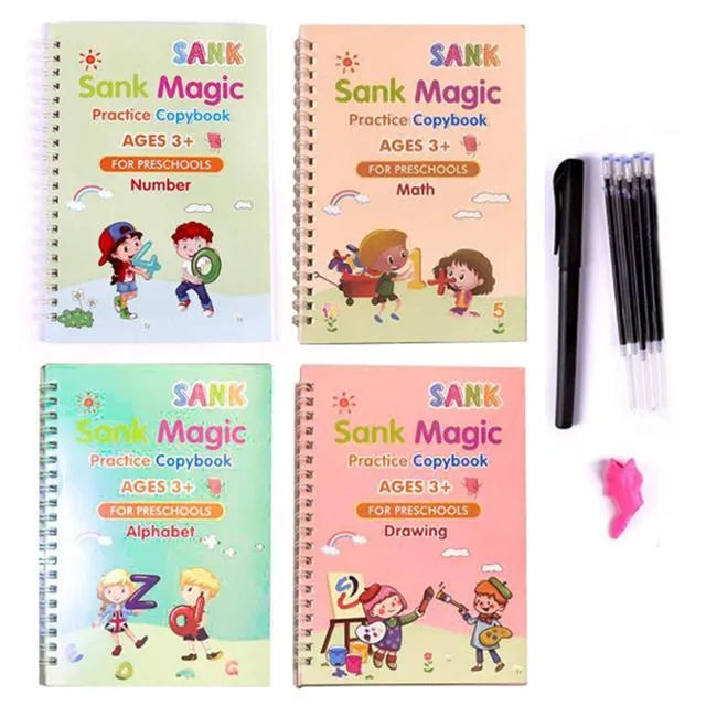 Magic stylus calligraphy practice copybook set with 4 books, pen, and refills in white, light gray, dark gray, and black