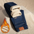 Men's loose straight fleece-lined jeans in black, mid-rise, zipper fly, winter wear