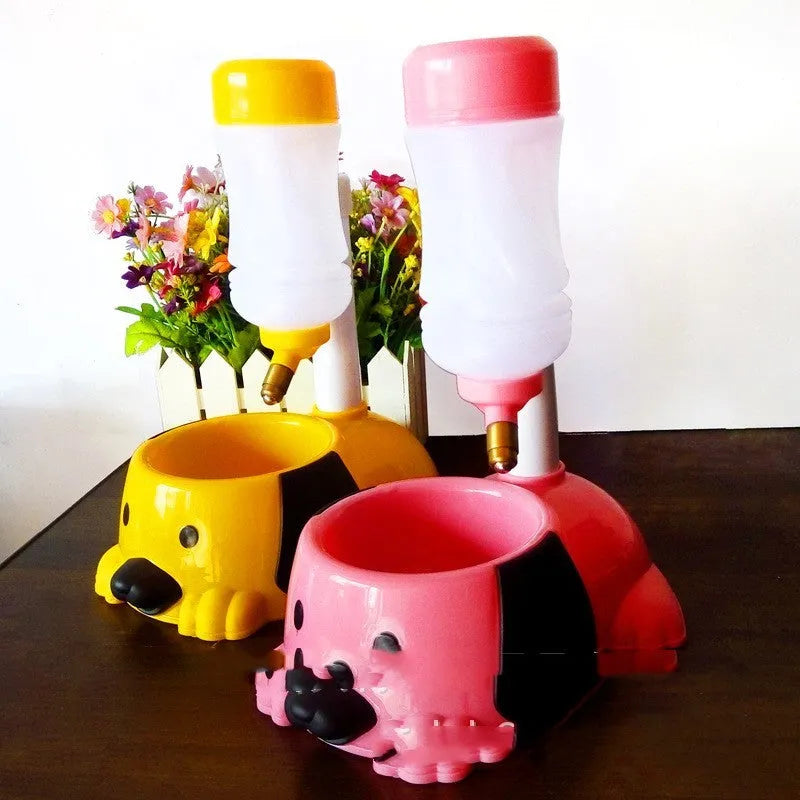 Adjustable rod-lift pet water bowl in pink, blue, or yellow, showing height mechanism.