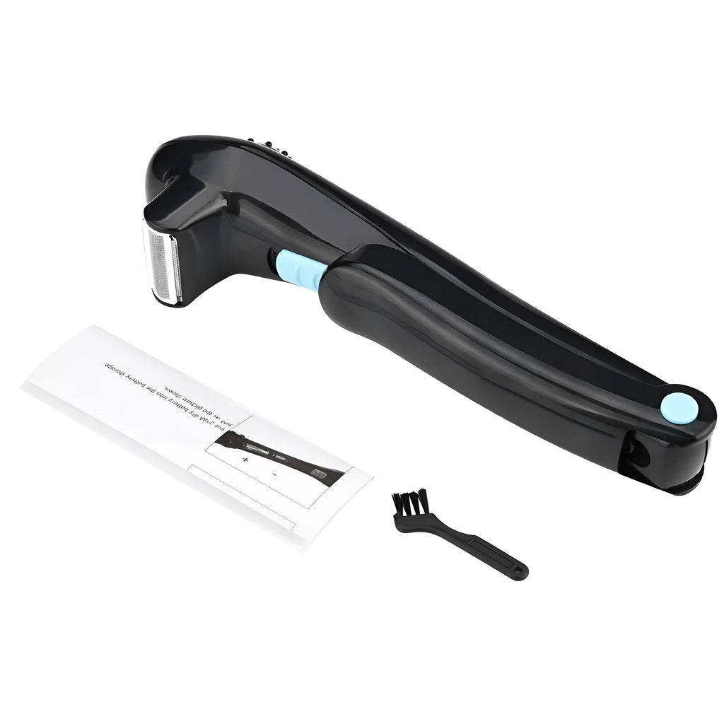 Black folding electric body shaver with battery compartment for AA dry batteries
