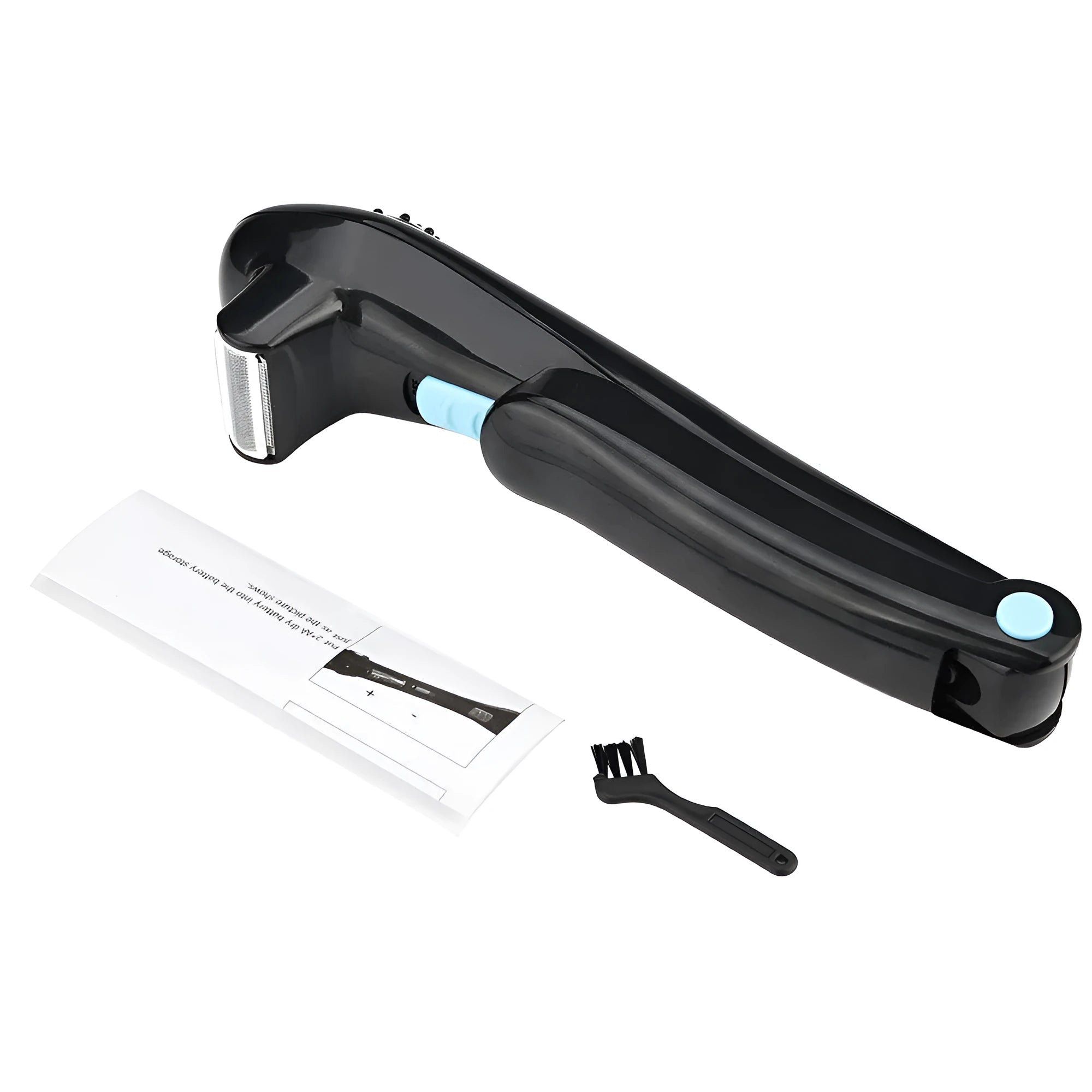 Black folding electric body shaver with battery compartment for AA dry batteries