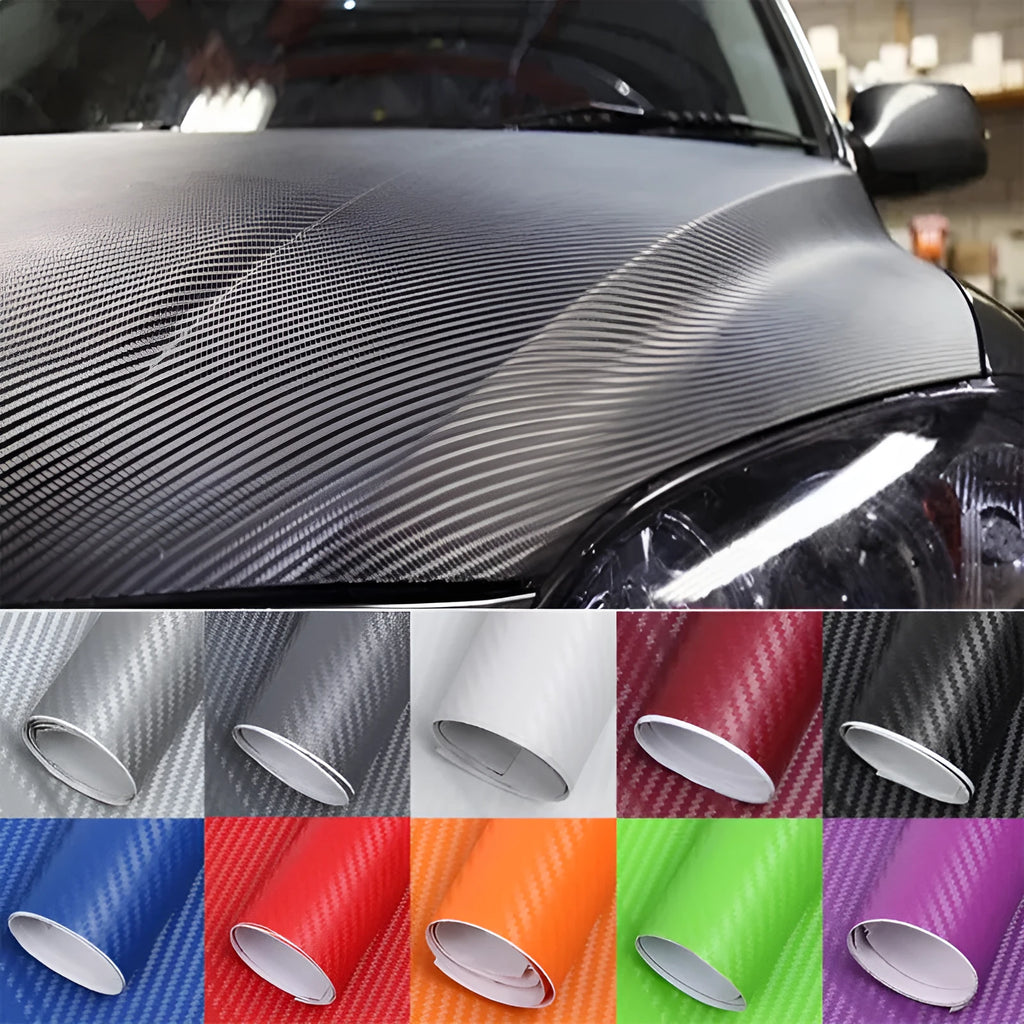 Roll of 3D carbon fiber car decoration sticker showing textured surface in multiple colour options