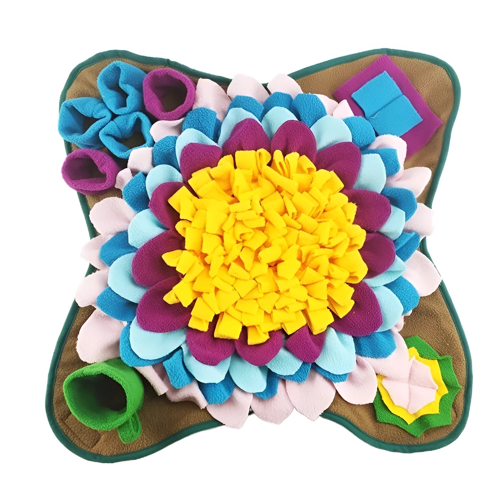 50x50cm fleece pet snuffle mat with sunflower design and suction cups on a tile floor