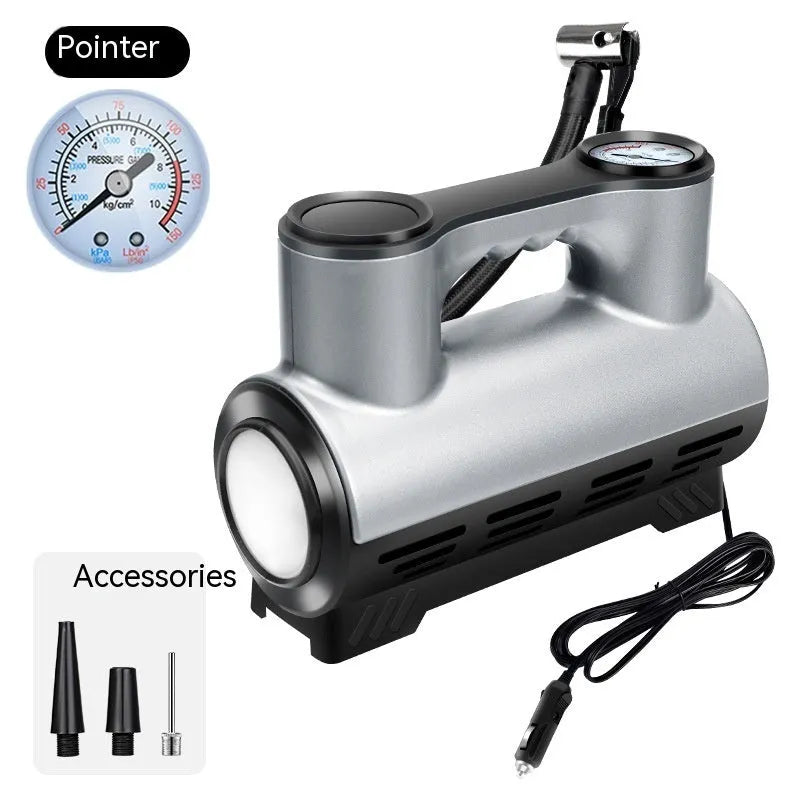 12V portable car inflatable air pump with digital display, ABS casing, LED light, and three air nozzles on a grey background
