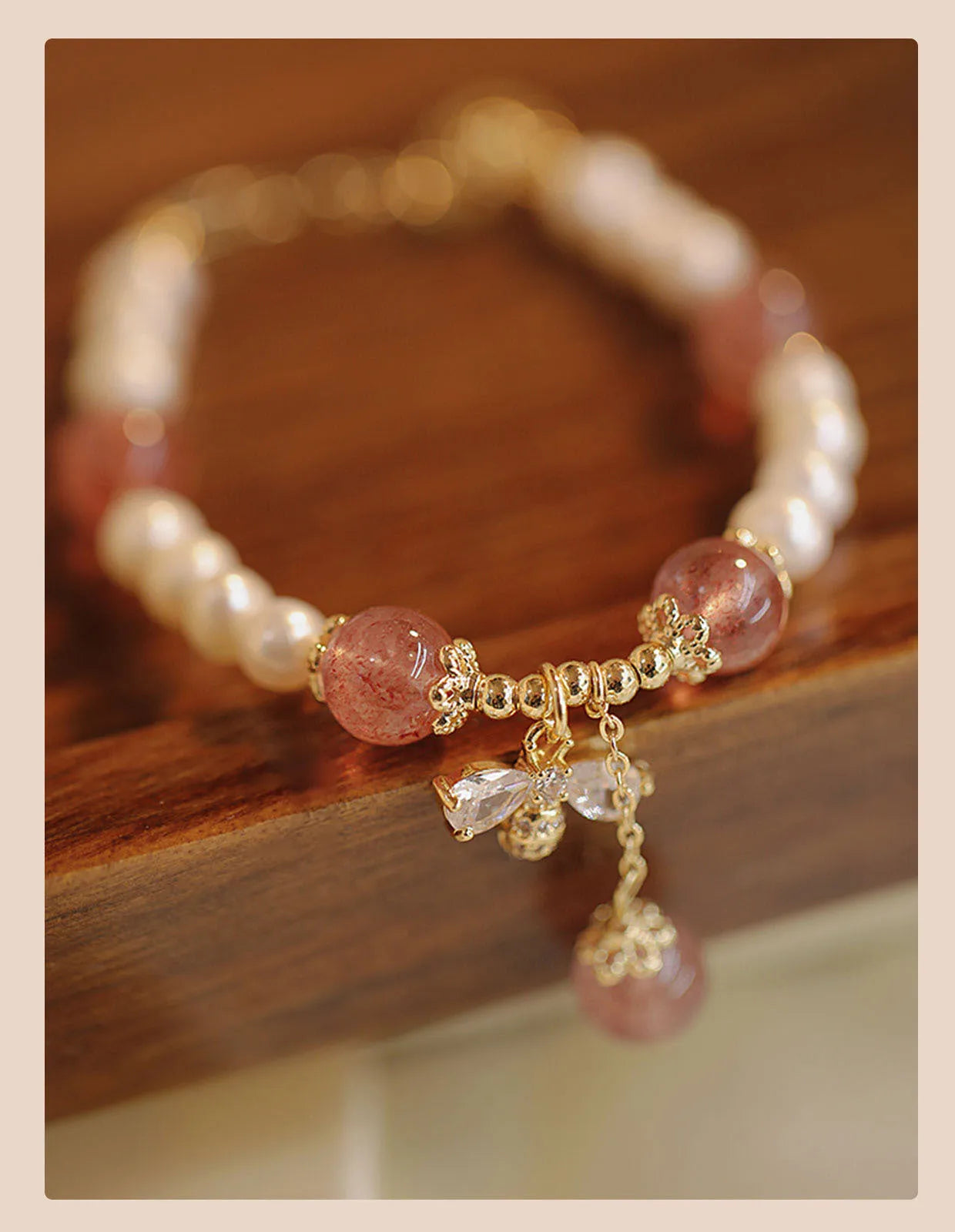 Crystal strawberry quartz stringed pearls bracelet with bow for women summer INS style