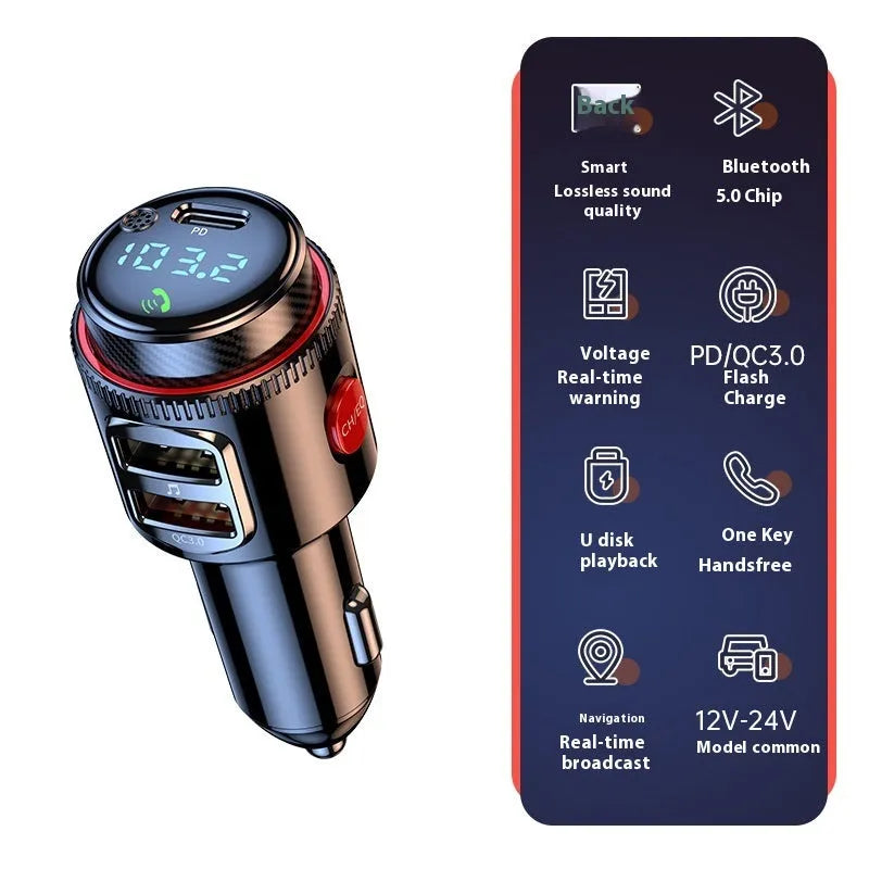 T23 Car MP3 Bluetooth Player with HY-66 PD Fast Charge variant, 1.2 inch display, ABS material, black colour, on a white background