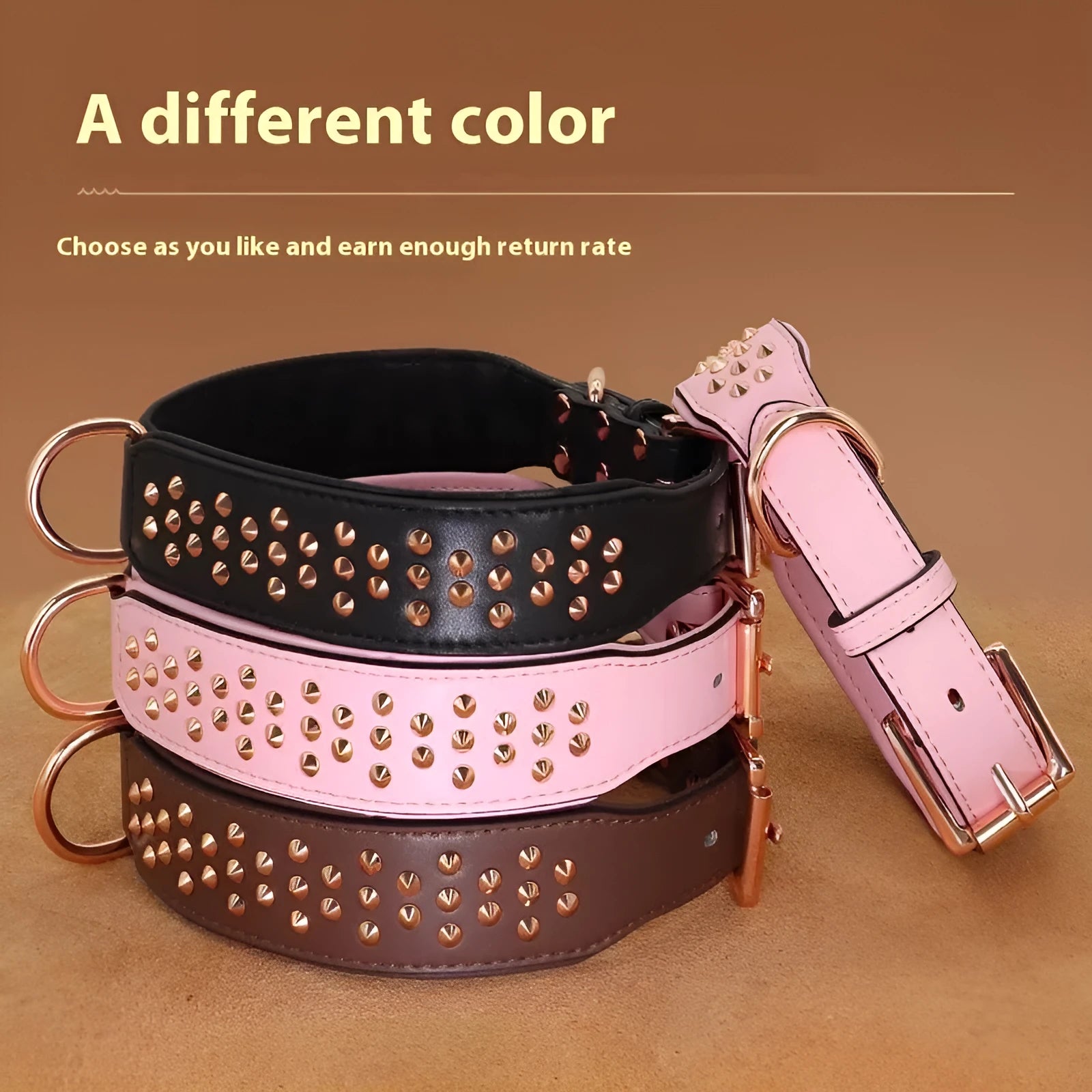 Leather dog collar with metal rivets in black, chocolate, or pink colour options