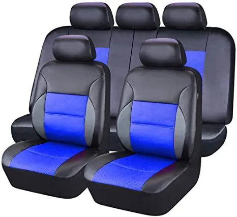 Artificial leather car seat cover set showing front seat, rear bench, and headrest pieces in black.
