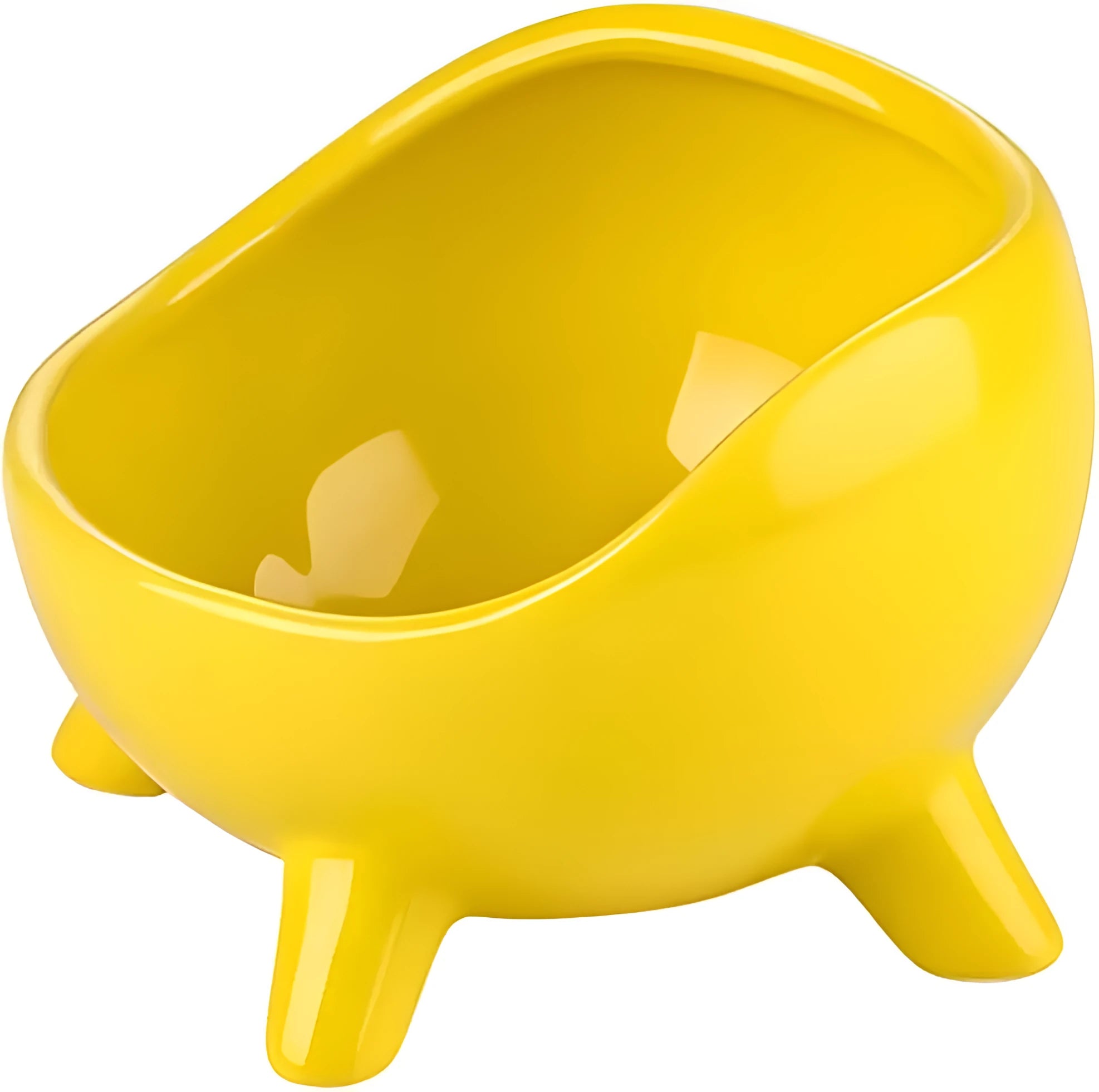 Green ceramic cat food bowl with four legs, wide mouth, and rounded arc shape on a light floor