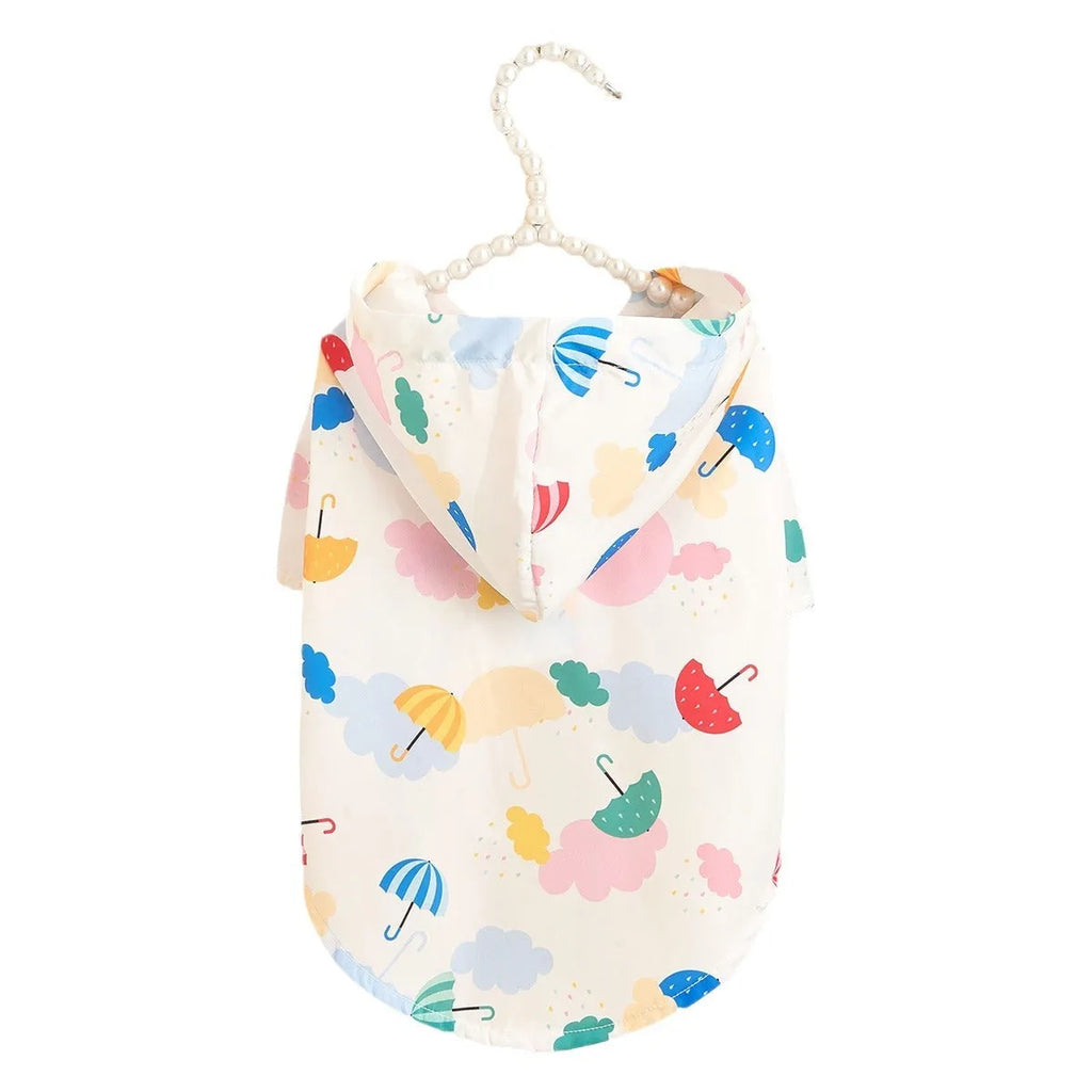 Colourful cartoon umbrella pattern dog or cat raincoat in polyester fabric.