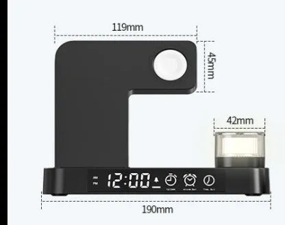 White 4 in 1 multifunction wireless charger station with foldable stand, alarm clock display, and RGB night light