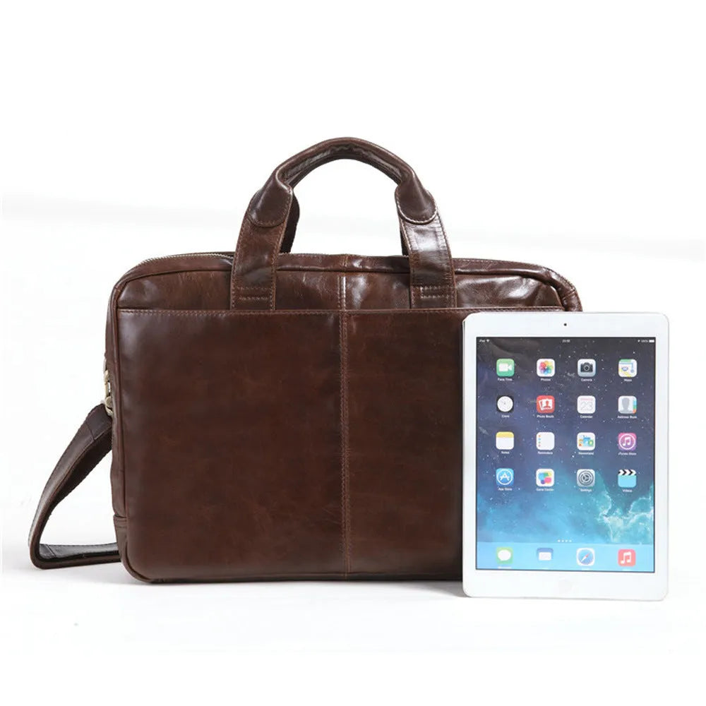 Brown men's business briefcase in first-layer cowhide leather with 18-inch size