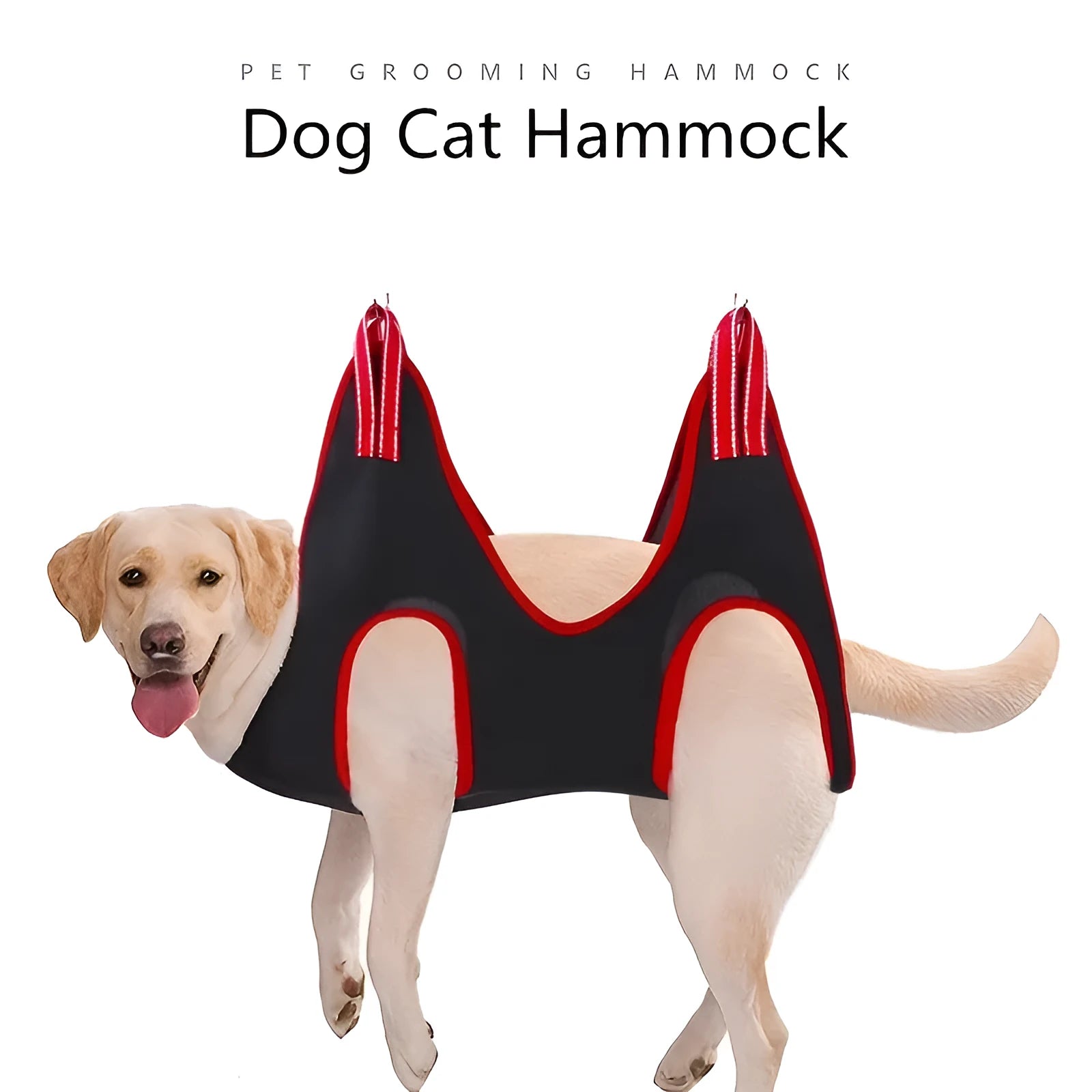 A grey pet grooming hammock restraint bag hanging from straps, with a cat inside for nail trimming, alongside grooming tools.