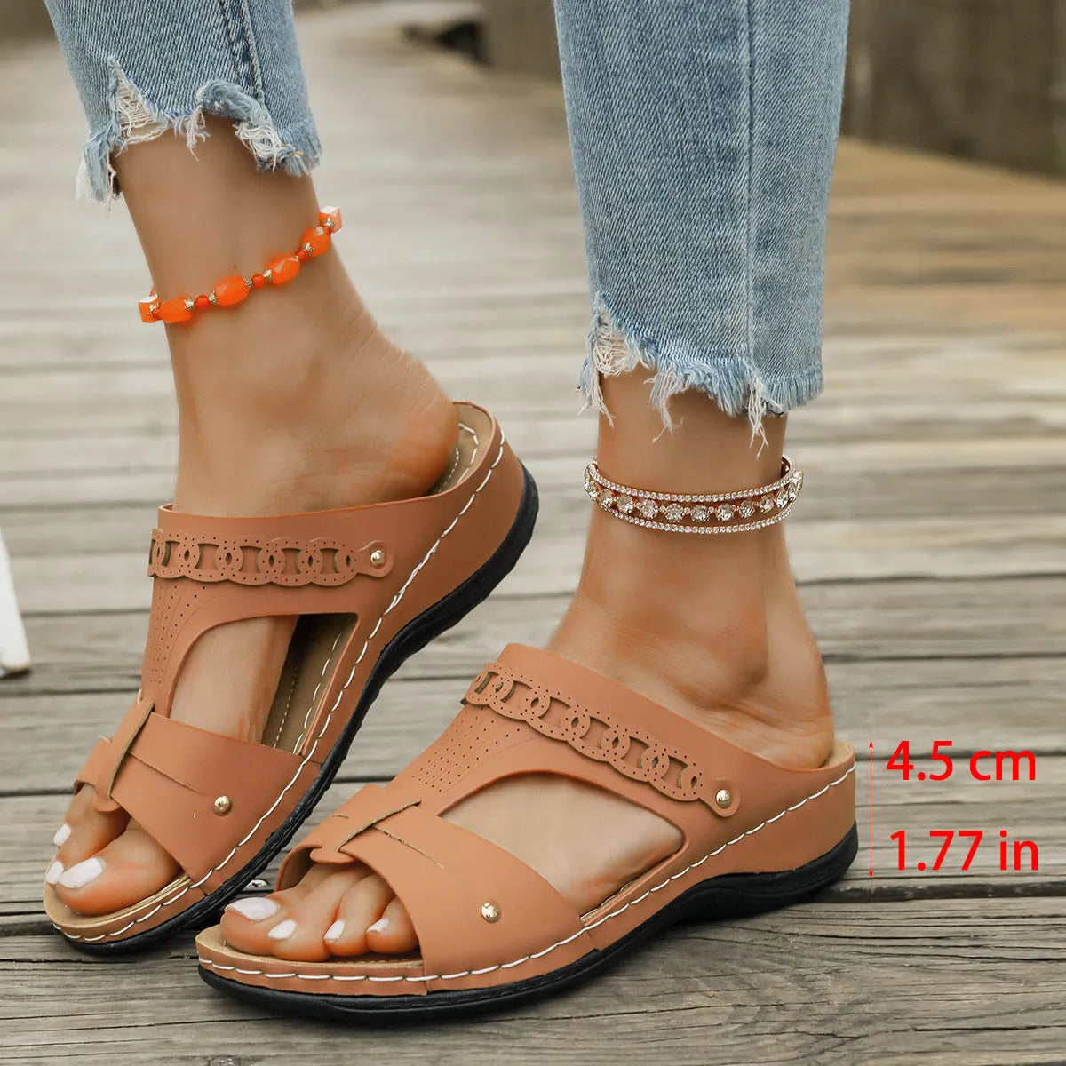 Roman style slippers with slope heel in six colour options showing fish mouth toe holder design