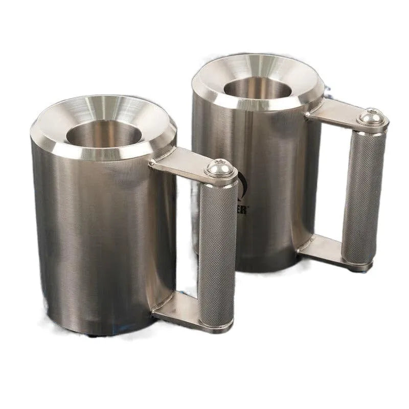 Silver stainless steel dumbbell overweight cup weighing 8kg on a cast iron base.