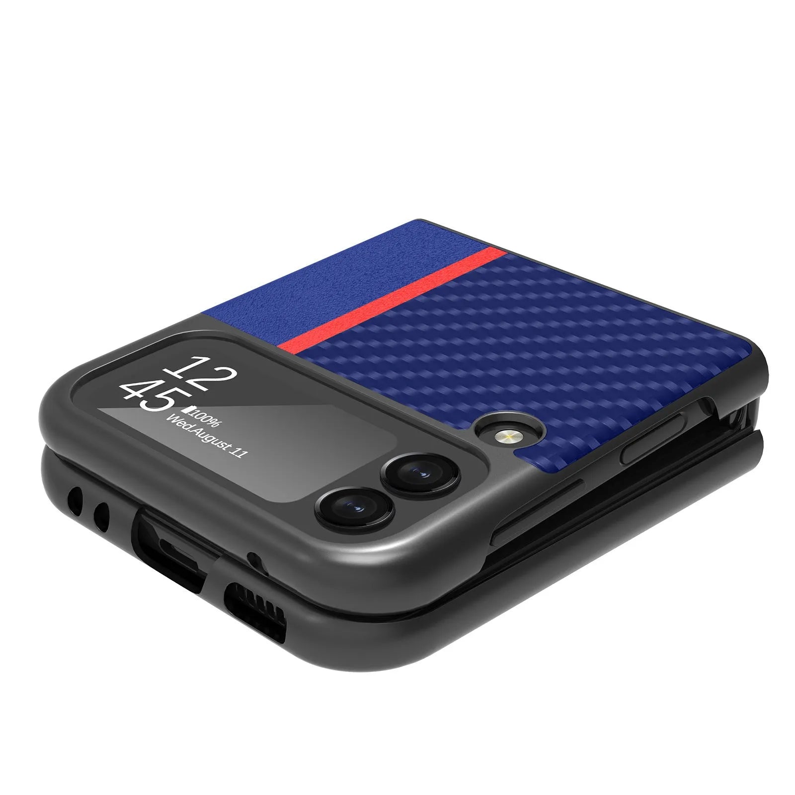 Fashion carbon fibre phone case for Samsung ZFLIP3 ZFLIP4 Zflip5 in black and blue leather finish