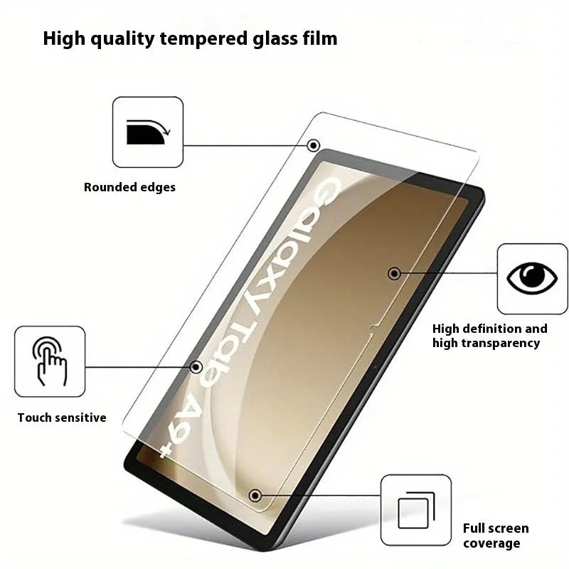 Tempered glass screen protector for Samsung Galaxy tablet showing HD clarity and edge design.