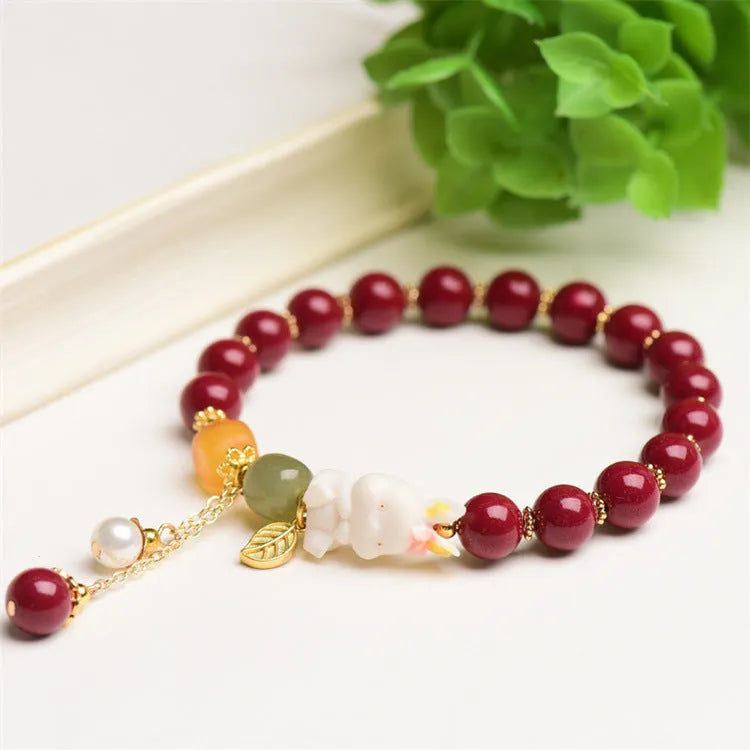 Natural cinnabar rabbit bracelet for women, 8mm or 10mm beads, Tian Yu brand, national style