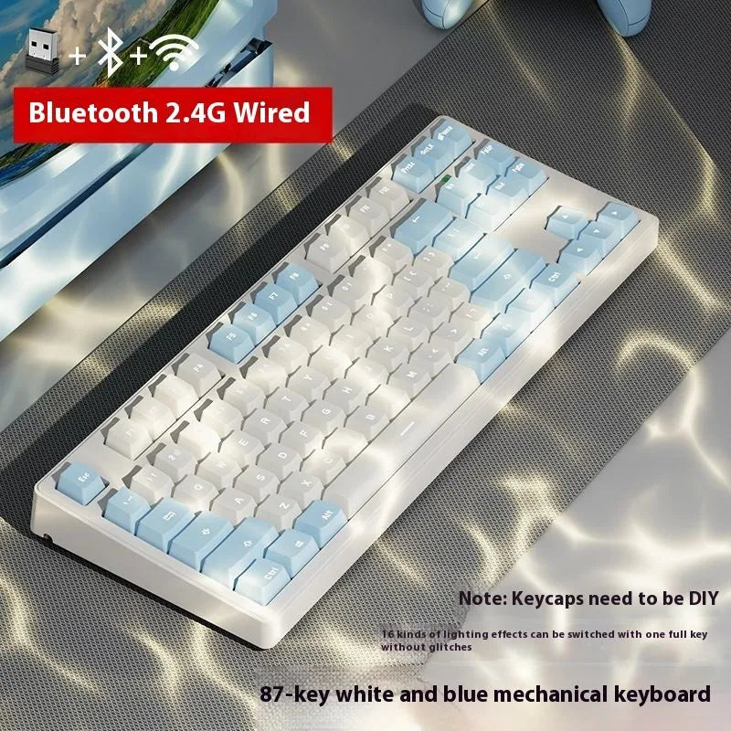Wireless mechanical keyboard with triple connectivity showing blue and white colour matching design