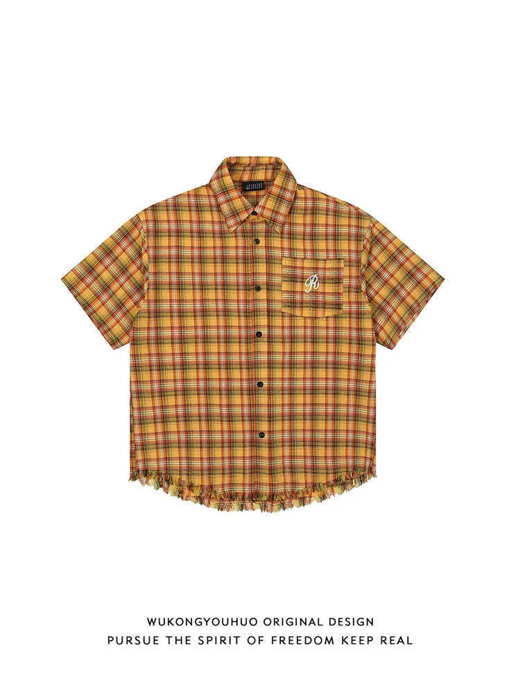 Yellow grid plaid short sleeve shirt with embroidered pocket detail in loose fit