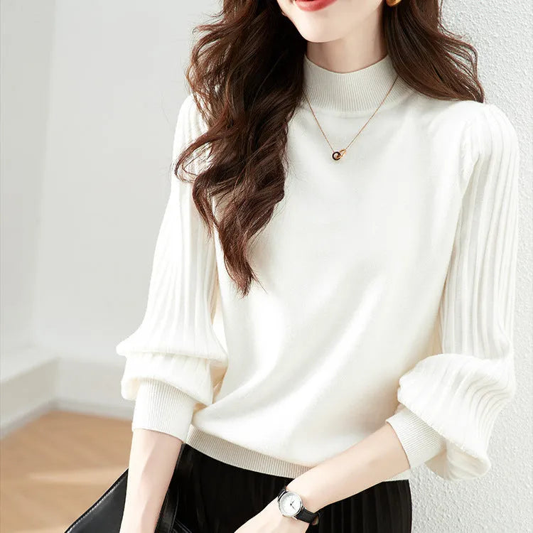 Slim fit half turtleneck shirt with sunk stripe pattern in apricot colour