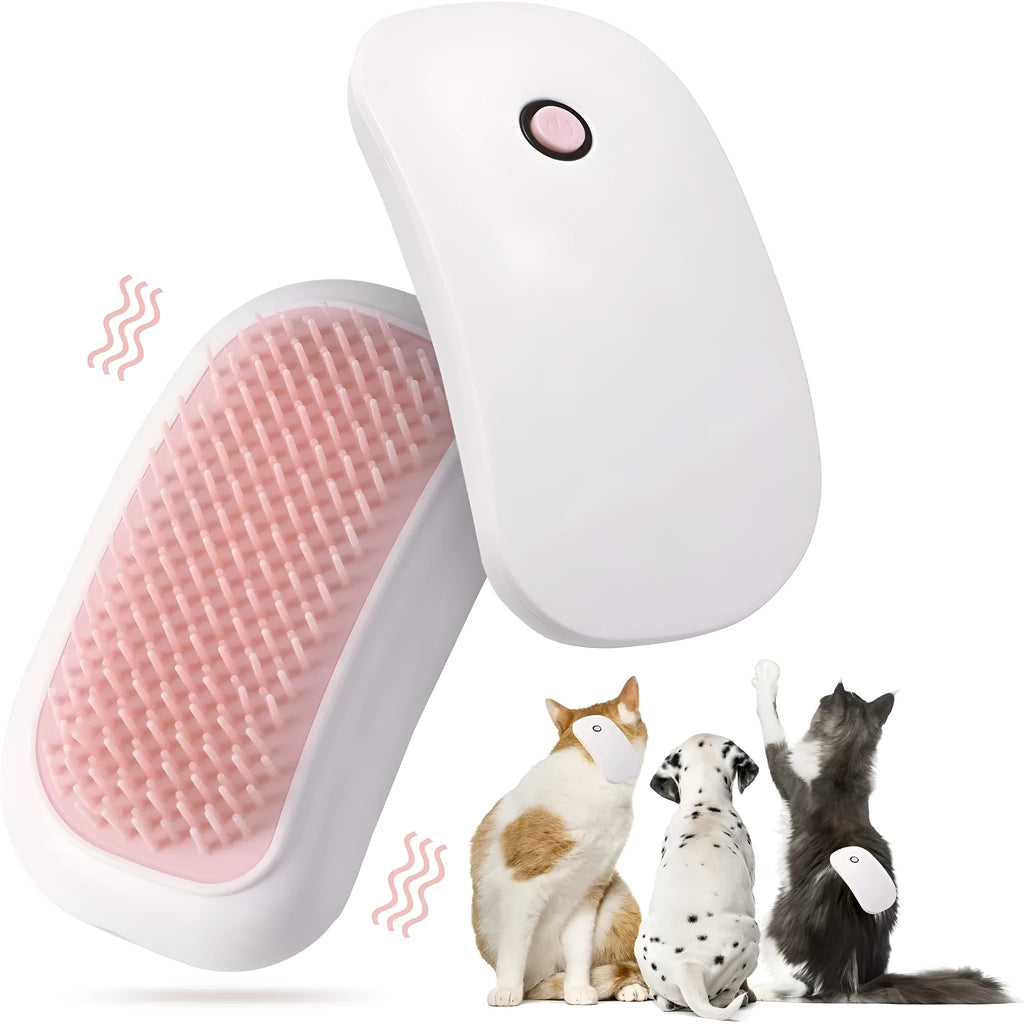 Pink handheld electric pet brush with TPE comb teeth for grooming cats and dogs.