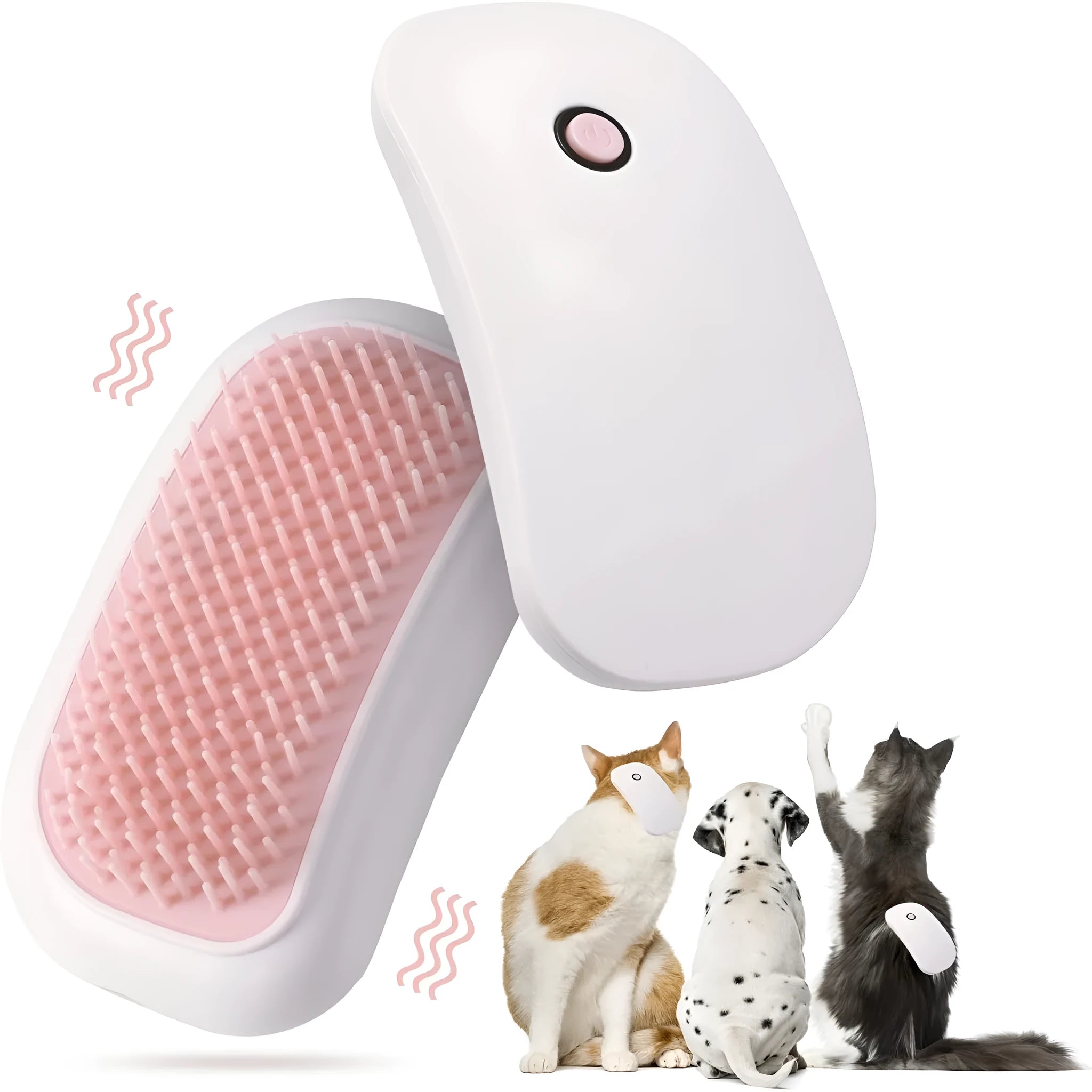 Pink handheld electric pet brush with TPE comb teeth for grooming cats and dogs.