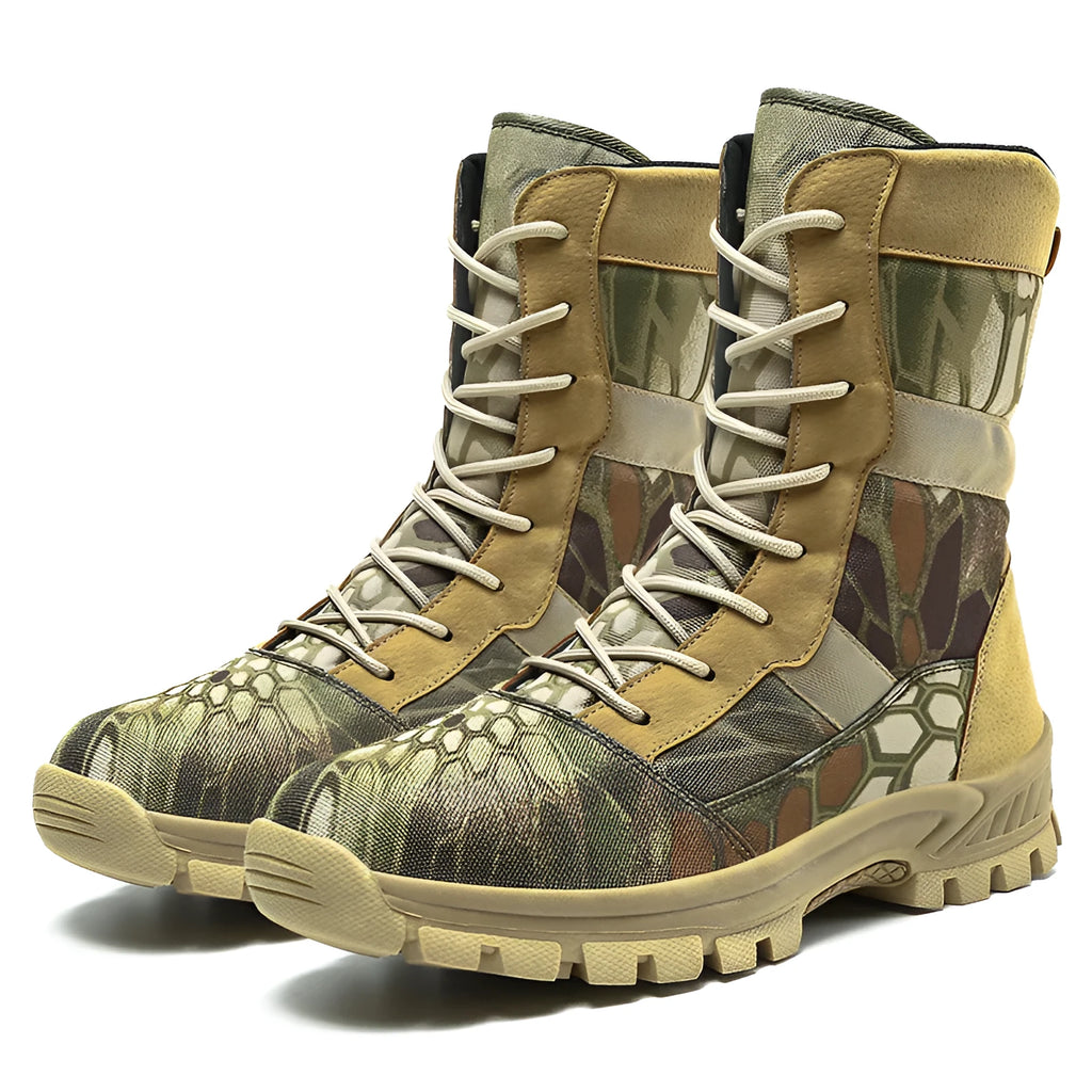Men's plus size mesh Martin boots in black and camouflage colours showing high-top combat boot design
