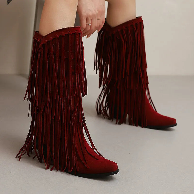 Women's suede mid-calf boots with chunky heel and tassel detail in beige colour