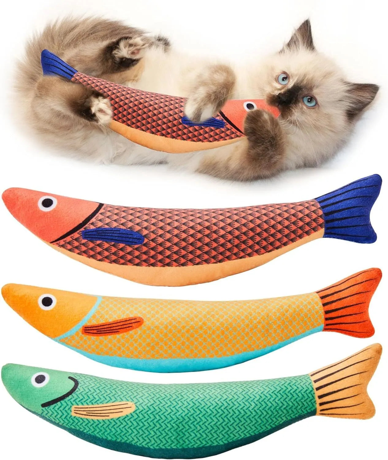 Plush cat kicker toy with organic catnip in green, orange and yellow colour options