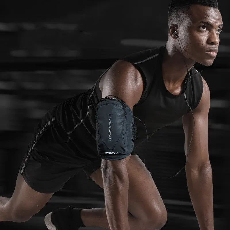Running arm bag with reflective strips showing 7-inch capacity and polyester lining