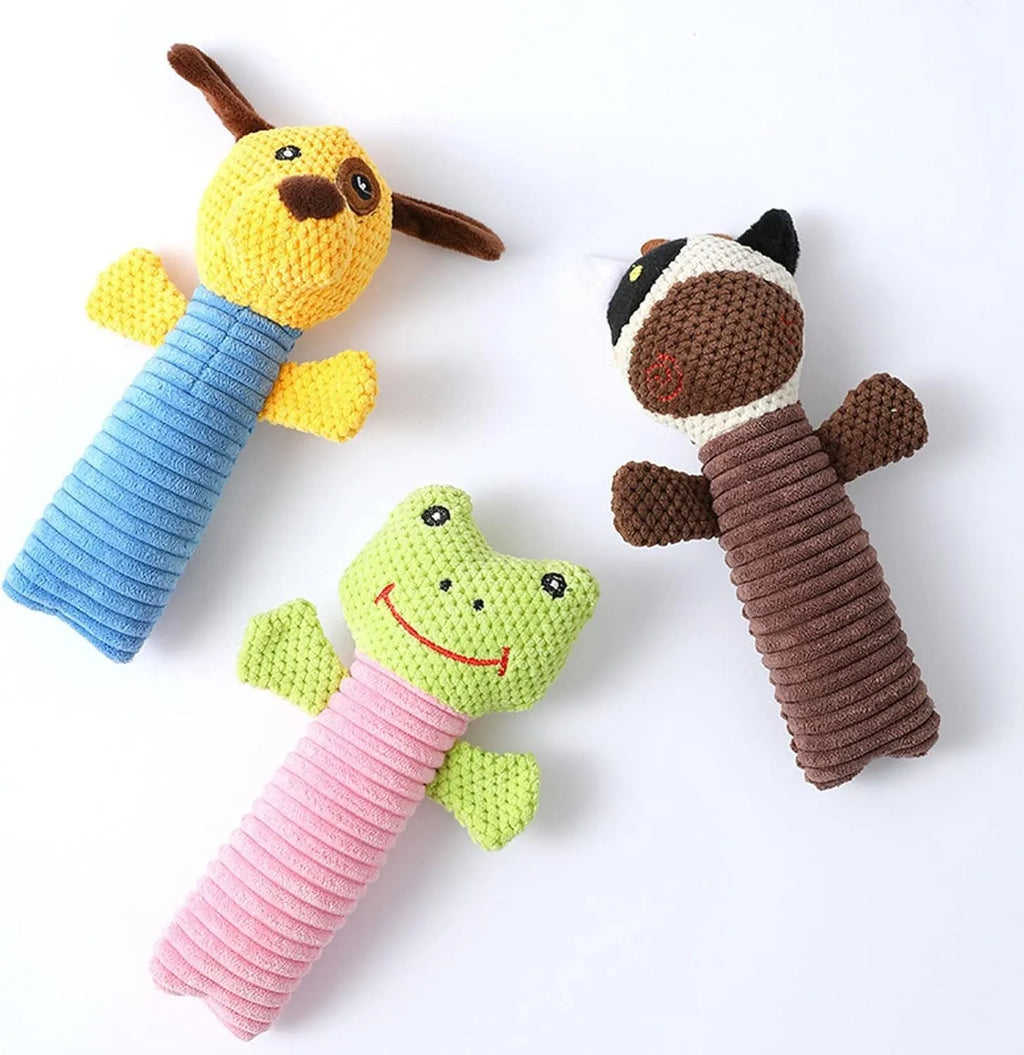 Dog squeaky plush chew toy in animal shape with massaging texture for dental care, 19cm length