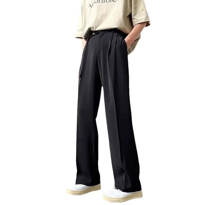 Thin straight black wide leg pants for women, chemical fibre blend, non-ironing, loose fit, black colour